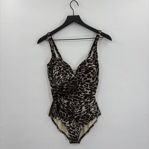 Penbrooke Womens Leopard Print One Piece Swimsuit 14 Brown Black Tummy Control